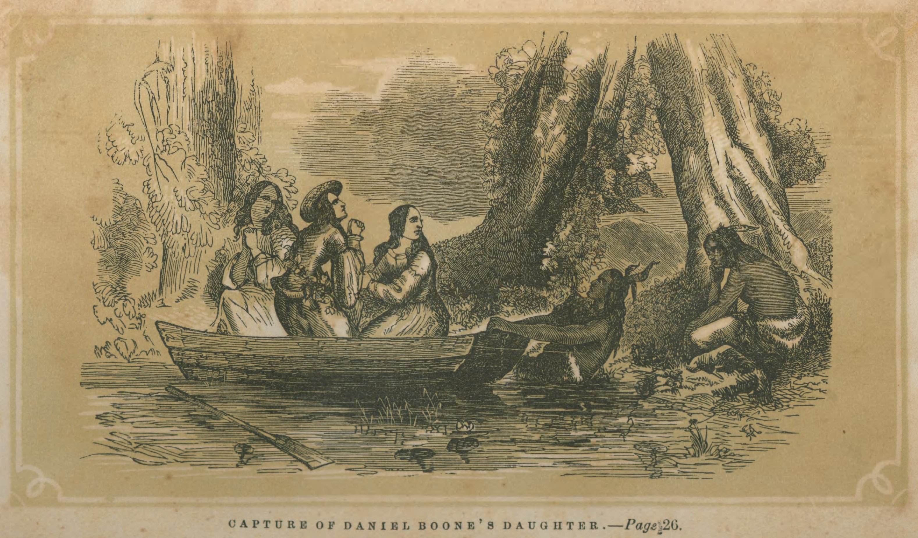 Three girls in a boat are pulled ashore by two American Indian men.