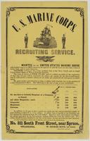 U.S. Marine Corps. Recruiting Service. : Wanted for the United States Marine Corps! able-bodied unmarried men, between the ages of 21 and 35, not less than 5 feet 4 1/2 inches high, and of good character. Soldiers serving in this corps perform duty at the