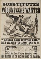 Substitutes and volunteers wanted : Highest cash bounties paid. Men wanted for Army and Navy, for one, two and three years. City bounty $400 U.S. " 100 Pay 192 Total for one year's service, 692 Head quarters, N.E. cor. Beach and Laurel Sts., Philadelphia.