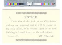 B09F03 - Postcard announcing library closure for move into new building at Juniper and Locust Streets, 1880-02