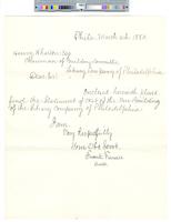B09F05 - Correspondence and statement of costs from Frank Furness for new building at Juniper and Locust Streets, 1880-03-04