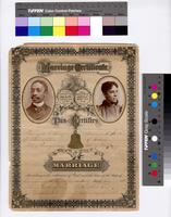 Marriage certificate. This certifies that [Washington C. Young/of Philadelphia/state of Pennsylvania] [Amanda L. West/of Goshen/state of New Jersey] were by me united in marriage according to the ordinance of God and the laws of the state of [Pennsylvania