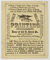 Franklin Book & Job Printing Establishment, : rear of 52 No. Sixth St. Philadelphia. Newspaper, book and plain & fancy job printing. / Wm. S. Young, proprietor. There are now but two parties in this country, the friends and the enemies of the government. 