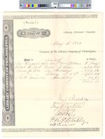 B09F27 - Treasurer's order no. 542 for Library Company with receipts for drain, taxes, and advertising, 1881-05-02-1881-05-04