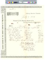 B09F30 - Treasurer's order no. 102 for Ridgway Branch with receipts for telephone, gardening, repairs, lumber, clock, hardware, and oil cloth, 1881-05-13-1881-07-07