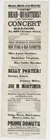 Music, mirth and melody "Our" Head-Quarters! (late "New Idea") Concert Saloon, : No. 609 Chestnut Street, (above Sixth.) Sole lessee and proprietor, Chas. St. Clair Leader of orchestra, J.K. Search Stage manager, J.M. Mortimer Great increase of attraction