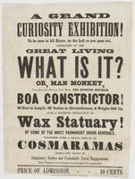 A Grand curiosity exhibition! : to be seen at all hours, on the left as you pass out, consisting of the great living What is it? or, man monkey, from Barnum's Museum, New York; the monster emperor boa constrictor! 30 feet in length, 30 inches in circumfer