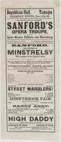 Republican Hall, Tamaqua Thursday eve'ng, June 11th, '63. : The far-famed and old established Sanford's Opera Troupe, from his opera houses, Philad'a and Harrisburg The best troupe in the world. Two companies condensed into one. Sanford, the pioneer of mi