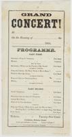 Grand concert! : At [blank] on the evening of [blank] the [blank] 1864. Programme. ... Tickets, twenty-five cents Children, fifteen cents. Doors open half-past 6 o'clock. Concert half-past 7.