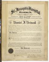 St. Joseph's Hospital, Reading, Pa. This is to Certify that by the direction of the Board of Trustees, the report of the committee appointed to take action upon the death of Daniel J. Driscoll is entered upon the records of the hospital. [graphic].