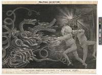 Political quixotism. Shewing the consequences of sleeping in patent magic spectacles [graphic] : The diplomatic hercules, attacking the political hydra / From a very big picter in the Jineral's bedroom, drawd off from nater by Zek Downing, historical pain