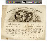 Agriculture and domestic manufactures [graphic] : Be it known that [blank] of the [blank] of [blank] was on the [blank] day of [blank] 18 [blank] admitted a member of the [blank] Society for promoting Agriculture and Domestic Manufactures and is entitled 