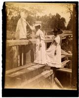 [Three unidentified women on wood scaffolding near a wooded path]