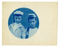 Elliston P. Morris Jr. and Marriott C. Morris Jr. playing railroad conductor, probably 131 W. Walnut La[ne]. G[erman]t[ow]n. [graphic].