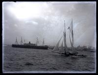 [Schooner and boat on water. Beach front in the distance] [graphic].