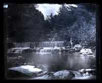 Falls on creek above house at Swiftwater, Lu Watt standing on bank, [Catskills] [graphic].
