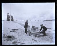 Father and Sam taking up boardwalk on beach, [Sea Girt, NJ] [graphic].