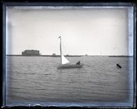 Thalatta sailing on Wreck pond. Sam [B. Morris] in stern. Bow on. [Sea Girt, NJ] [graphic].