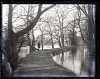 Looking down race bank from 3rd dam [on Brandywine], Father on bank, [Wilmington, DE] [graphic].