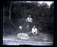 [View from Sea Girt, NJ. Marriott C. Morris, Shober Kimbar, Anne Emlen, and Elizabeth Canby Morris with badminton rackets in clearing in forest] [graphic].