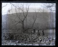 Old dam on French Creek, [Elverson, Pa.]. Geo[rge] Vaux, Anna Sharpless, Lena Goodwin with cameras [graphic].
