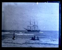 [Italian] Bark [Civitas] Ca[n]aria - Geo. Morris walking & [three] little girls on beach. [Manasquan Inlet, NJ] [graphic].