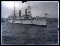 [View of large ship with sailors on deck, possibly during the Constitution Centennial celebration, 1887] [graphic].