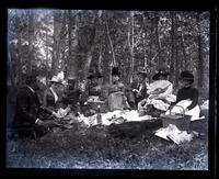 Party at dinner in woods at Highlands, [NJ]. Father, Helen Morris, Mr. Samuel, Bess, Fannie Garrett, Fred Strawbridge, Mary Taylor & Mother [graphic].