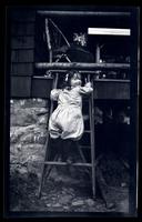 [Janet Morris climbing a ladder], Pocono Lake, [PA] [graphic].