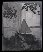 [Unidentified individuals by sailboat near lake] [graphic].