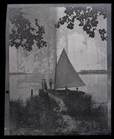 [Unidentified individuals by sailboat near lake] [graphic].