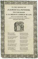 To the memory of James Gifford, who was killed by the bursting of a cannon on the 24th, day of December 1832, aged 20 years 9 months and 10 days at Tuckahoe, New Jersey.