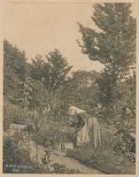 [Woman with bonnet in a garden] [graphic] / R.S. Redfield.