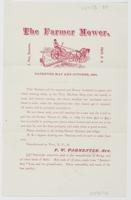 The Farmer Mower. / J. Pine, patentee, Troy, N.Y. Patented May and October, 1864. This machine will be repaired and extras furnished to agents and others desiring them, at the Troy Machine Shop ... Do not throw aside you old machine for a new one, for I w