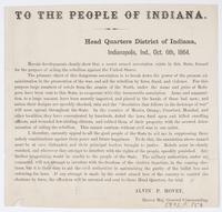 To the people of Indiana : Head quarters district of Indiana, Indianapolis, Ind., Oct. 6th, 1864 : recent developments clearly show that a secret armed association exists in this state, formed for the purpose of aiding the rebellion against the United Sta
