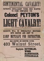 Continental cavalry! : Patriotic intelligent young men wanted ... Headquarters and recruiting station, 403 Walnut Street. Captain Reynolds. [Captain] Wood. [Captain] Hamburger. [Captain] Fitzgerald.