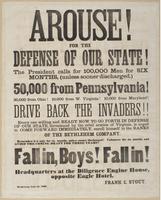 Arouse! For the defense of our state! : The president calls for 100,000 men for six months, (unless sooner discharged.) 50,000 from Pennsylvania! 30,000 from Ohio! 10,000 from W. Virginia! 10,000 from Maryland! Drive back the invaders! Every one willing a