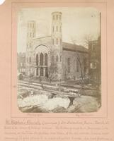 St. Stephen's Church (Episcopal). Dr. Duchachett [sic], rector. Tenth St. East side corner of College Avenue. [graphic] : The broken ground &c in foreground, is the remains at the time the picture was taken, of the old wooden houses now removing to give p