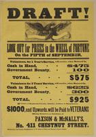 Draft! Look out for prizes in the wheel of fortune on the fifth of September. : Volunteers, for 1 year's service, will receive, when mustered in, ... $575 Volunteers for 3 years' service, will receive, when mustered in, ... $925 Choice of regiments--caval