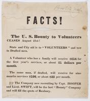 Facts! The U.S. bounty to volunteers ceases August 21st! : State and city aid is to "volunteers" and not to drafted men. A volunteer who has a family will receive $614 for the first year's services, or about 51 dollars per month. The same man, if drafted,