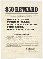 $50 reward The above reward will be paid for the apprehension of the following-named private marines, : deserters from head-quarters, Washington City, D.C., viz.: Henry S. Hyser, Peter B. Clark, Edwin S. Marstella, John Metz, William Reiter, if delivered 