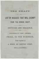 The draft. List of diseases that will exempt from the coming draft. : Official and reliable. / Published by John J. Kromer, price $3 per hundred. Trade supplied by A. Winch, 505 Chestnut Street, Philadelphia.