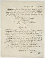 New York, August 18th, 1862. : Attention. Notice is hereby given that a book for registering the names of young men, their residences, and references, will be opened this day, and will remain open from 8 a.m. to 6 p.m. daily at the Cooper Institute, Room 