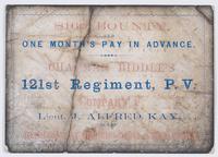 $160 bounty, and one month's pay in advance. Chapman Biddle's 121st Regiment, P.V. Company F. / Lieut. J. Alfred Kay, is now recruiting at Bruner's Hotel, Germantown. (Turn over