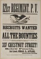 Volunteer! Volunteer! Avoid the draft! : 121st Regiment, P.V. Accepted for three years of the war, Col. Chapman Biddle. $160 bounty and 1 month's pay in advance. Recruits wanted for Comp'y D at the Anderson House, 1529 South Street. Opposite Kater Market.