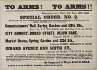 To arms! To arms! Head-quarters, Phila., Pa., June 28th, 1863. Special order, no. 2. : VIII.--The following places of rendezvous are designated for enrollment and enlistment of men for service for three months, unless sooner discharged. Commissioners' Hal