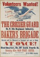 Volunteers wanted! : For the Crozier Guard, Co. F, 5th Regiment Infantry, Baker's Brigade. Recruits will be mustered in, equipped and sent to camp, at once! Head quarters, No. 207 South Fourth St. Recruiting office, Main Street, Chester. (Office open nigh