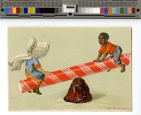 [African American boy and white girl on a candy stick seesaw] [graphic].