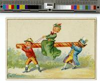 [White woman being carried on a candy stick by a white man jockey and an African American man] [graphic].