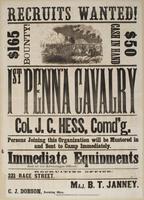Recruits wanted! $165 bounty! $50 cash in hand : 1st Penn'a Cavalry Col. J.C. Hess, comd'g. Persons joining this organization will be mustered in and sent to camp immediately. Immediate equipments and all the advantages offered! Recruiting office: 221 Rac